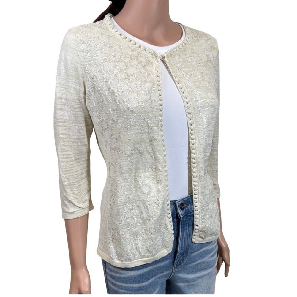Coldwater Creek Cream Gold Sequin Crochet Cardigan Sweater M 10-12‎ 3/4 Sleeve